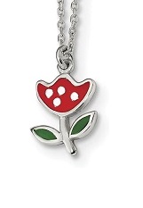good-looking small silver enameled red flower charm necklace 